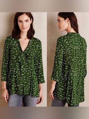 Anthropologie Maeve Green White Cloud Print Long Sleeve Button Up Peasant Blouse